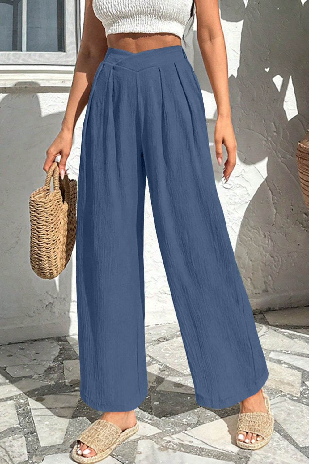 Casual Loose Pants Textured High Crossed Waist Pleated Wide Leg Lightweight