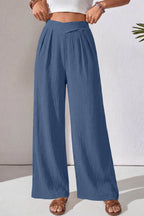 Casual Loose Pants Textured High Crossed Waist Pleated Wide Leg Lightweight