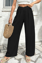 Casual Loose Pants Textured High Crossed Waist Pleated Wide Leg Lightweight