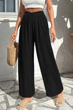 Casual Loose Pants Textured High Crossed Waist Pleated Wide Leg Lightweight