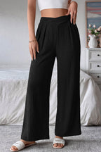 Casual Loose Pants Textured High Crossed Waist Pleated Wide Leg Lightweight