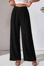 Casual Loose Pants Textured High Crossed Waist Pleated Wide Leg Lightweight