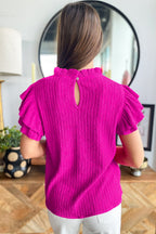 Casual Women's Blouse Textured Ruffle Trim Short Sleeve Hot Pink Frill Top