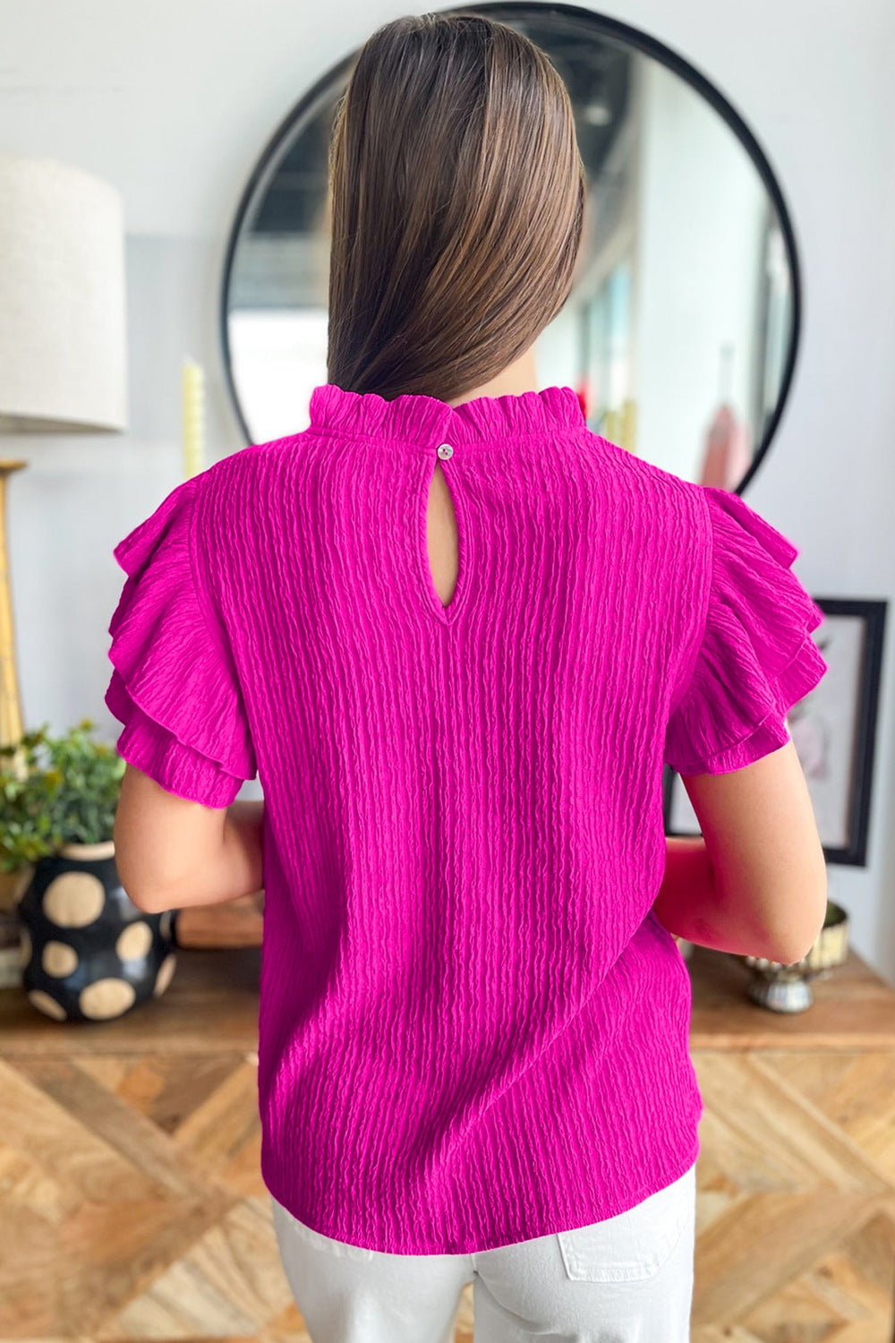 Casual Women's Blouse Textured Ruffle Trim Short Sleeve Hot Pink Frill Top