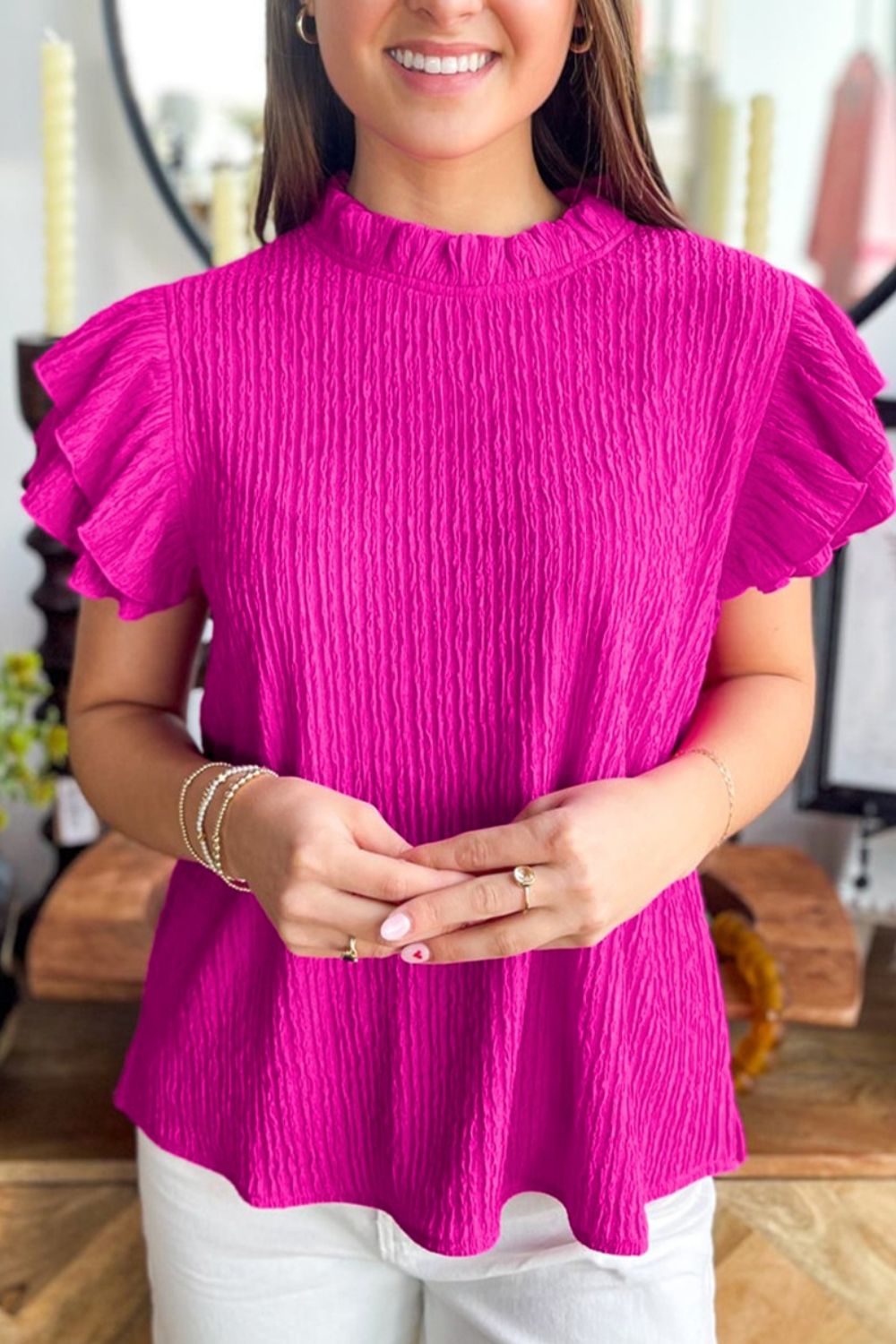 Casual Women's Blouse Textured Ruffle Trim Short Sleeve Hot Pink Frill Top