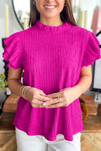 Casual Women's Blouse Textured Ruffle Trim Short Sleeve Hot Pink Frill Top