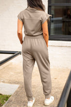 Casual Loose Jumpsuit Zipper Front Collared Short Cap Sleeve Mocha with Pockets