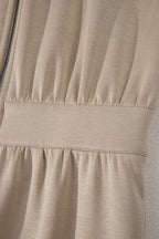 Casual Loose Jumpsuit Zipper Front Collared Short Cap Sleeve Mocha with Pockets