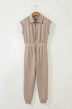 Casual Loose Jumpsuit Zipper Front Collared Short Cap Sleeve Mocha with Pockets