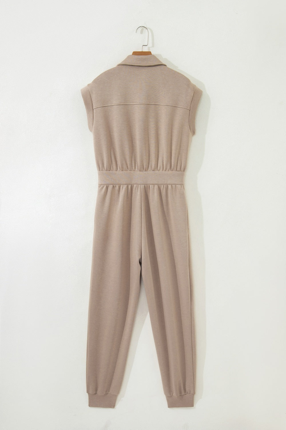 Casual Loose Jumpsuit Zipper Front Collared Short Cap Sleeve Mocha with Pockets