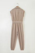 Casual Loose Jumpsuit Zipper Front Collared Short Cap Sleeve Mocha with Pockets