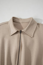 Casual Loose Jumpsuit Zipper Front Collared Short Cap Sleeve Mocha with Pockets