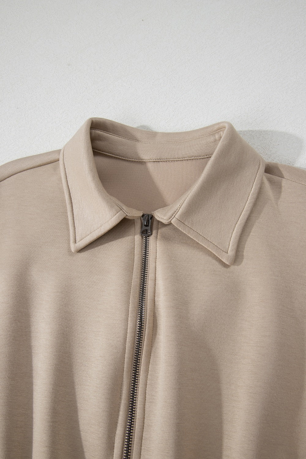 Casual Loose Jumpsuit Zipper Front Collared Short Cap Sleeve Mocha with Pockets