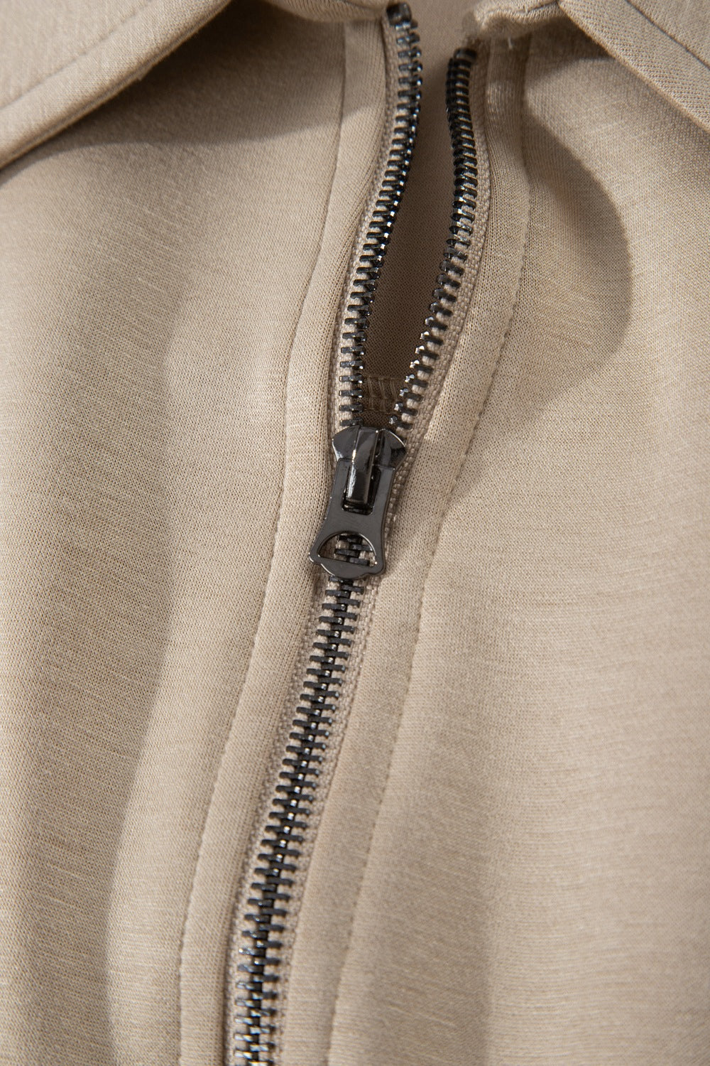 Casual Loose Jumpsuit Zipper Front Collared Short Cap Sleeve Mocha with Pockets