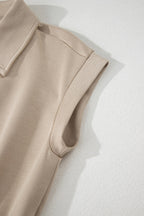 Casual Loose Jumpsuit Zipper Front Collared Short Cap Sleeve Mocha with Pockets