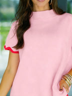 Casual Sweater Stand Collar Short Sleeve Blush Pink Contrast Wave Trim Lightweight