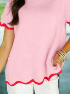 Casual Sweater Stand Collar Short Sleeve Blush Pink Contrast Wave Trim Lightweight