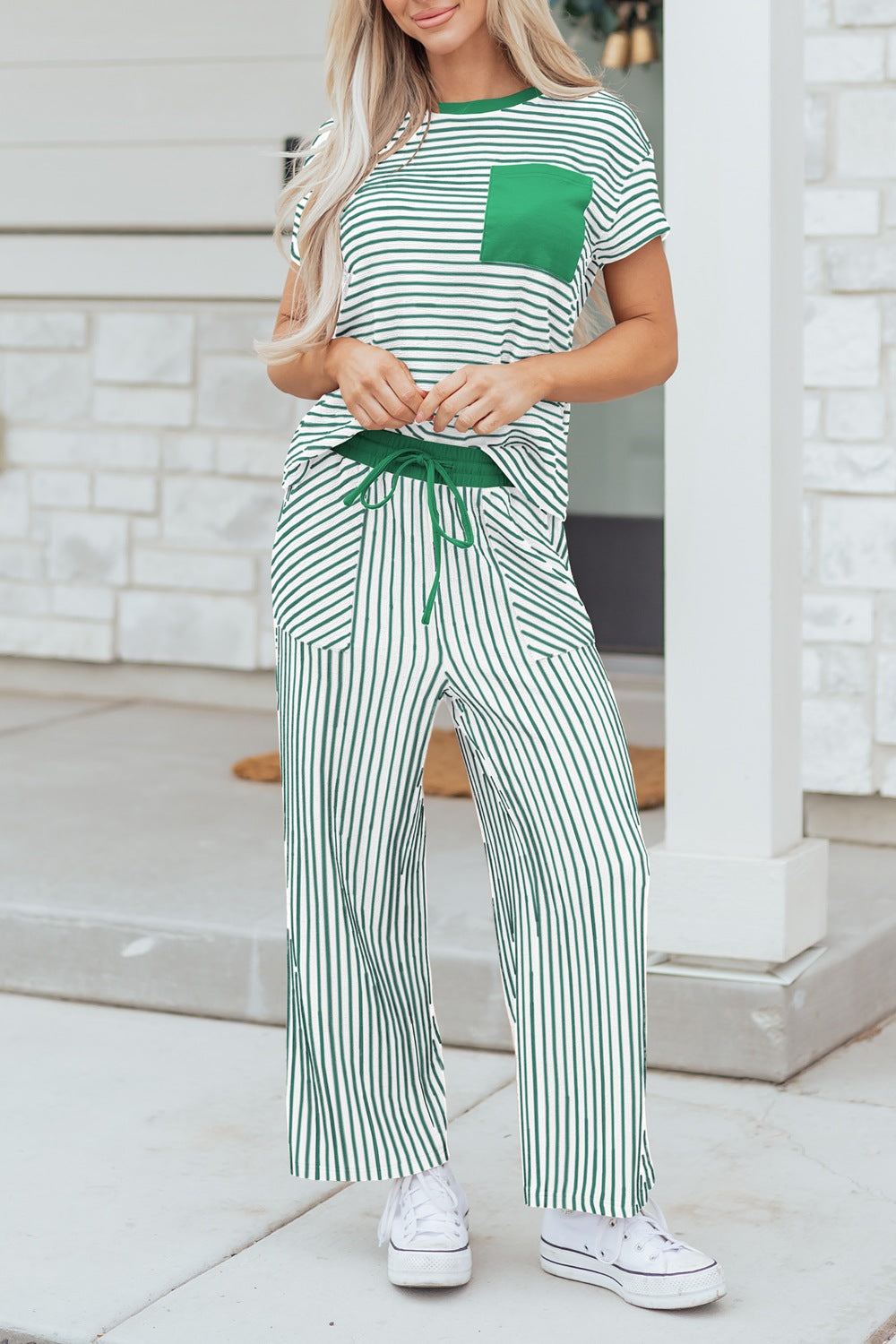 Casual Outfit Set Striped Green Blouse Short Sleeve and Cropped Pocketed Pants