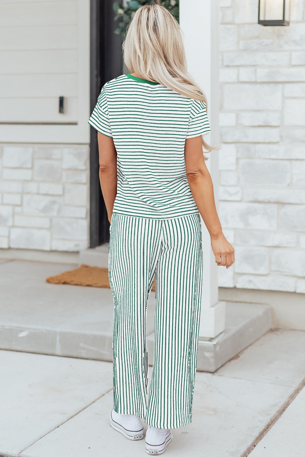 Casual Outfit Set Striped Green Blouse Short Sleeve and Cropped Pocketed Pants