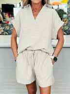 Casual Outfit Set Striped V-Neck Polo Collar Top and Drwastring Shorts Women's 2 Pcs