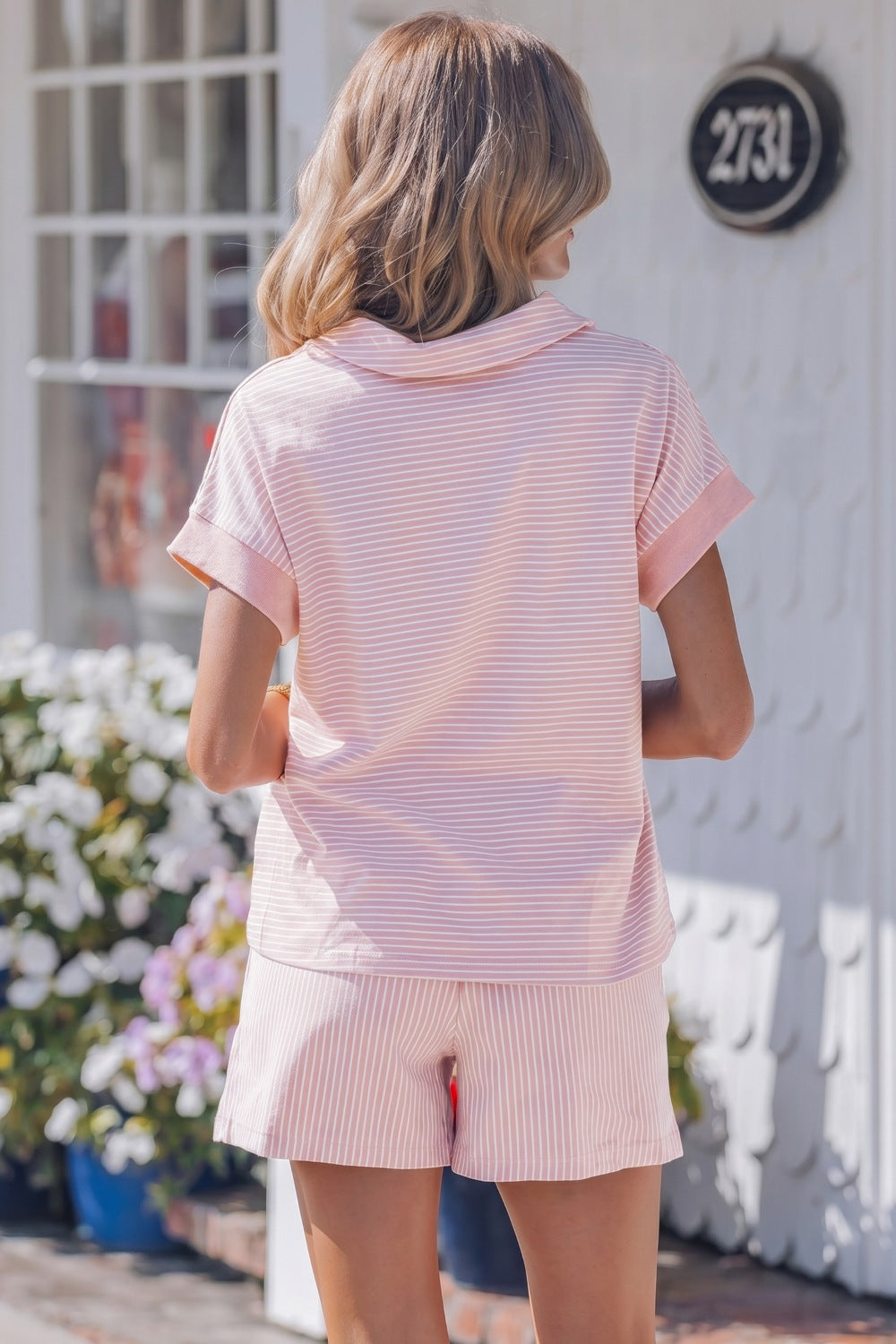 Casual Outfit Set Striped Cotton Blush Pink Polo V-Neck Top and Drwastring Shorts