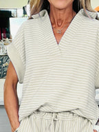 Casual Outfit Set Striped V-Neck Polo Collar Top and Drwastring Shorts Women's 2 Pcs