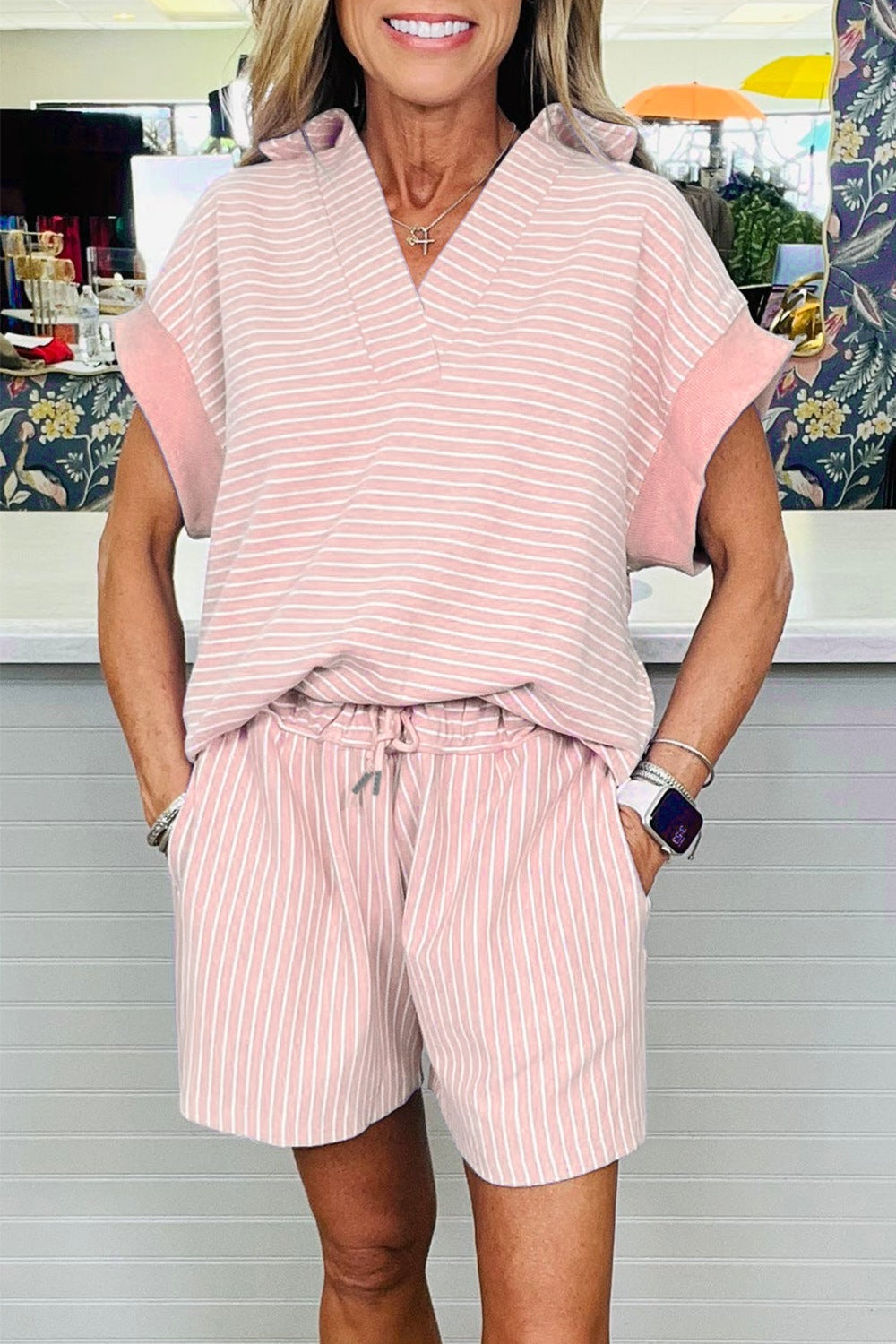 Casual Outfit Set Striped Cotton Blush Pink Polo V-Neck Top and Drwastring Shorts