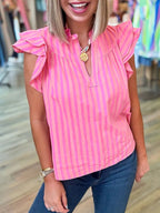 Striped Blouse Split V-Neck Casual Ruffled Flutter Short Sleeve Fuchsia Pink Top