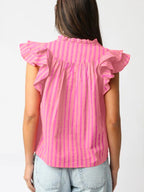 Striped Blouse Split V-Neck Casual Ruffled Flutter Short Sleeve Fuchsia Pink Top