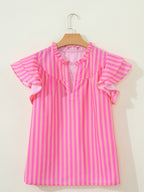 Striped Blouse Split V-Neck Casual Ruffled Flutter Short Sleeve Fuchsia Pink Top