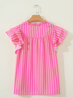 Striped Blouse Split V-Neck Casual Ruffled Flutter Short Sleeve Fuchsia Pink Top