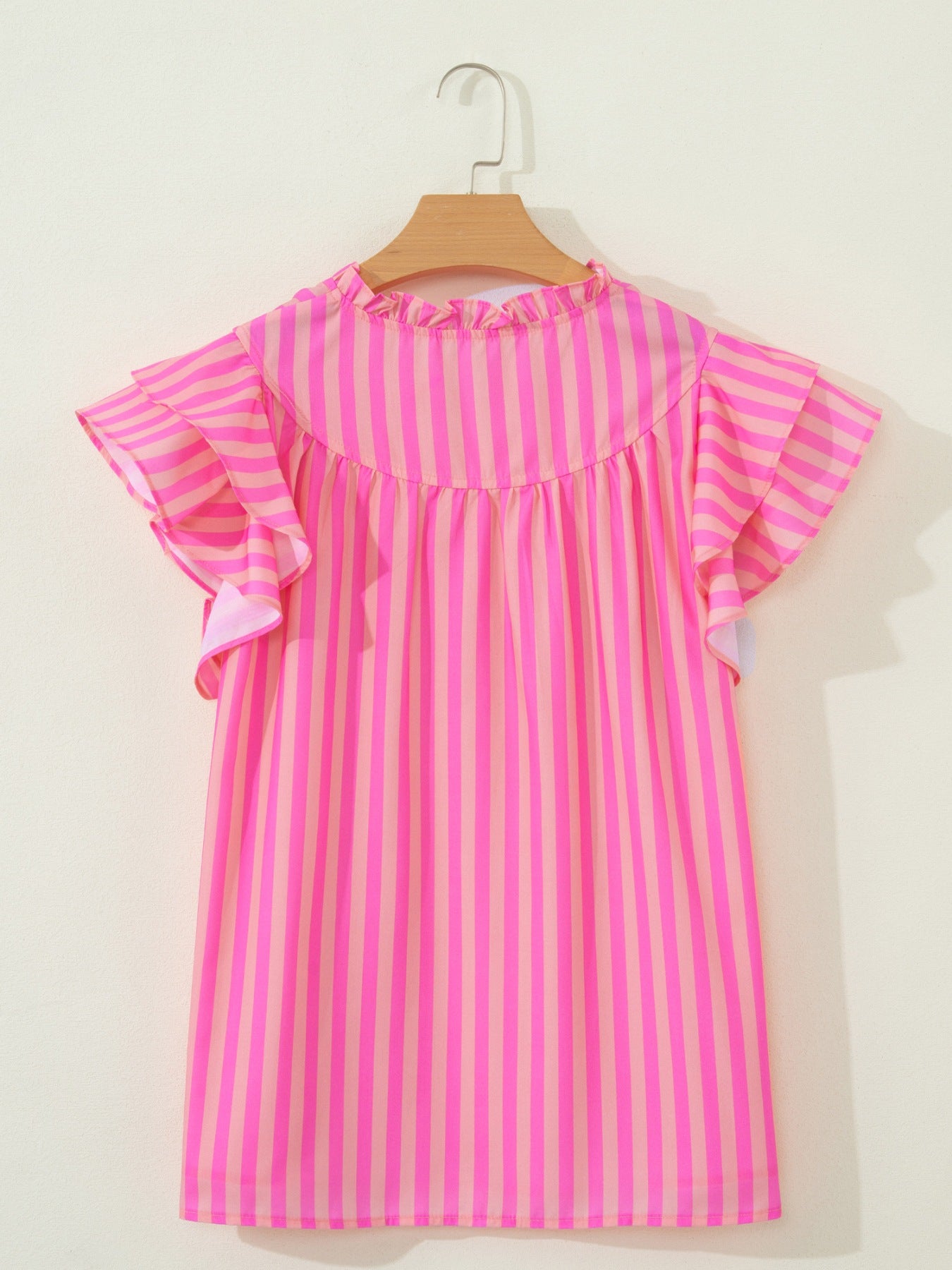 Striped Blouse Split V-Neck Casual Ruffled Flutter Short Sleeve Fuchsia Pink Top
