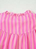 Striped Blouse Split V-Neck Casual Ruffled Flutter Short Sleeve Fuchsia Pink Top