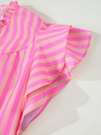 Striped Blouse Split V-Neck Casual Ruffled Flutter Short Sleeve Fuchsia Pink Top