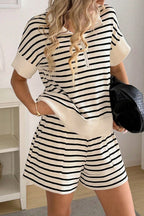 Casual Outfit Set Striped Beige Half-Zip Short Sleeve Top and Shorts Cotton Loose