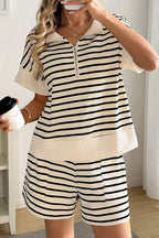 Casual Outfit Set Striped Beige Half-Zip Short Sleeve Top and Shorts Cotton Loose