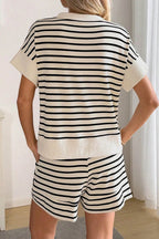 Casual Outfit Set Striped Beige Half-Zip Short Sleeve Top and Shorts Cotton Loose