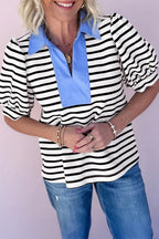 Women's Casual Stripe Blouse Blue Contrast Collar Neck Short Puff Sleeve Top