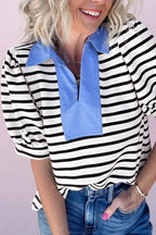 Women's Casual Stripe Blouse Blue Contrast Collar Neck Short Puff Sleeve Top