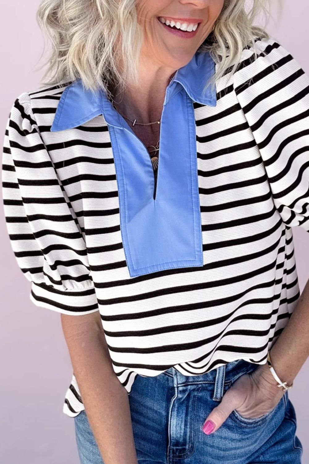 Women's Casual Stripe Blouse Blue Contrast Collar Neck Short Puff Sleeve Top