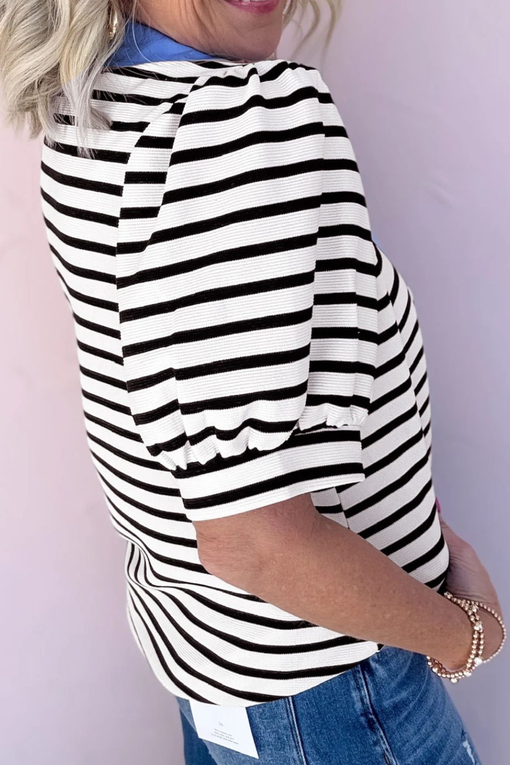 Women's Casual Stripe Blouse Blue Contrast Collar Neck Short Puff Sleeve Top