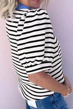 Women's Casual Stripe Blouse Blue Contrast Collar Neck Short Puff Sleeve Top