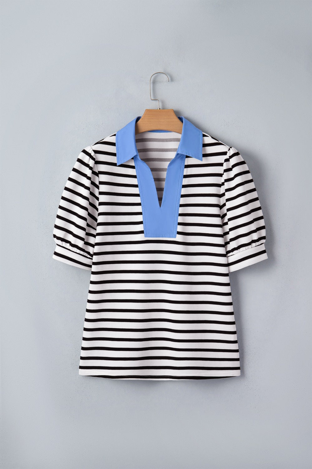 Women's Casual Stripe Blouse Blue Contrast Collar Neck Short Puff Sleeve Top