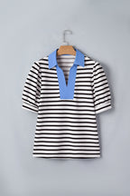 Women's Casual Stripe Blouse Blue Contrast Collar Neck Short Puff Sleeve Top