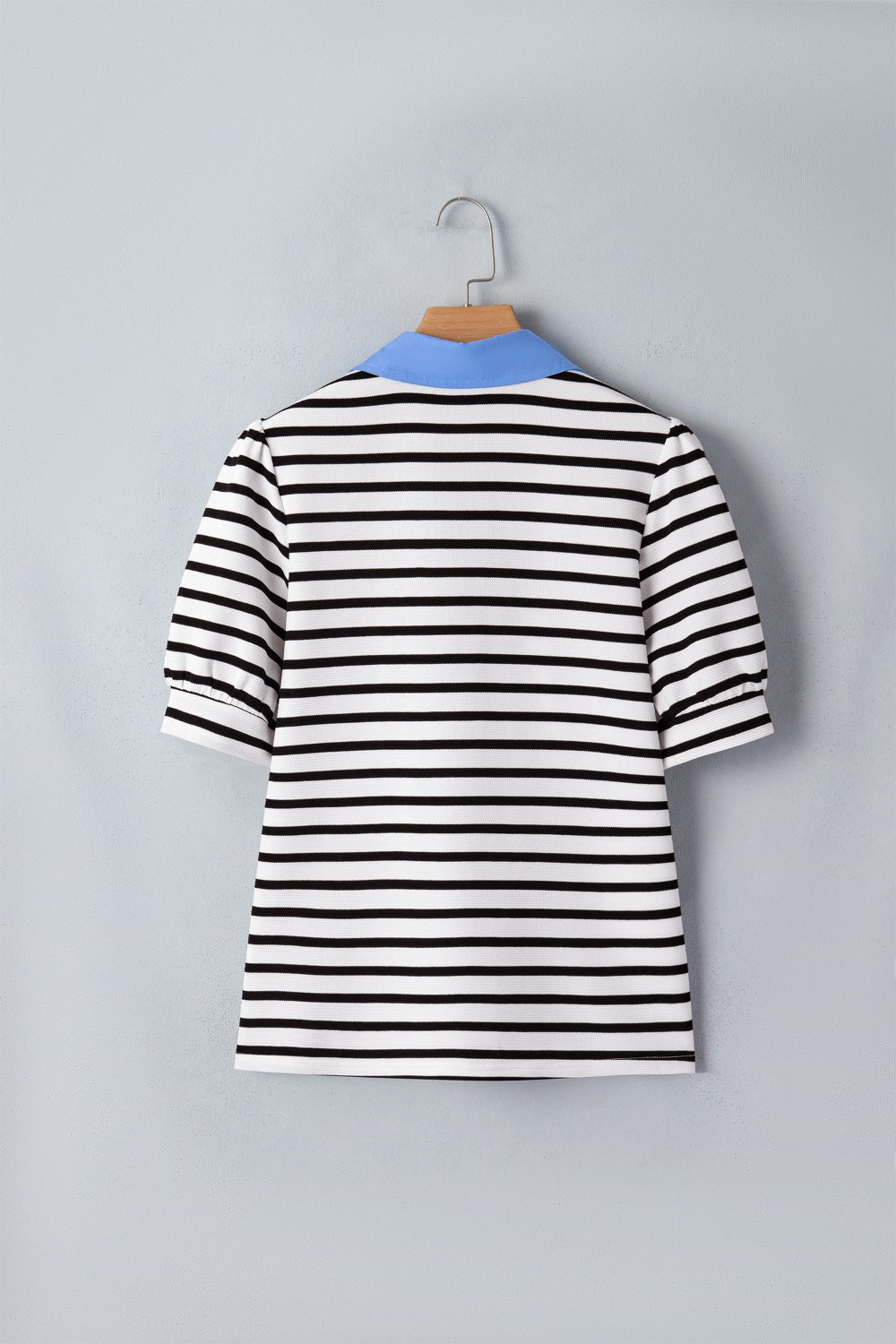 Women's Casual Stripe Blouse Blue Contrast Collar Neck Short Puff Sleeve Top