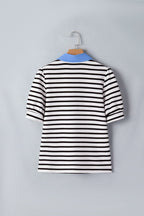 Women's Casual Stripe Blouse Blue Contrast Collar Neck Short Puff Sleeve Top