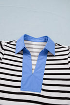 Women's Casual Stripe Blouse Blue Contrast Collar Neck Short Puff Sleeve Top