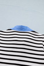 Women's Casual Stripe Blouse Blue Contrast Collar Neck Short Puff Sleeve Top