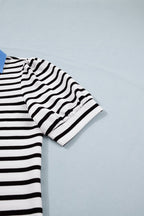 Women's Casual Stripe Blouse Blue Contrast Collar Neck Short Puff Sleeve Top