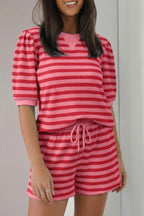 Casual Outfit Set Striped Blouse Round Neck Short Sleeve and Drwastring Shorts